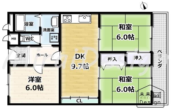 間取り3LDK！全居室6帖以上のゆったりとした間取り！東向き広々バルコニーにつき陽当たり良好です♪