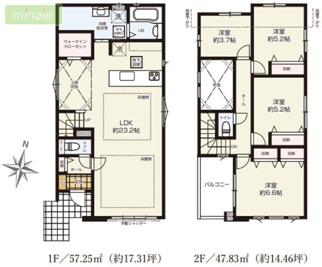 LDK23帖　リビングイン階段　床暖房　吹抜け　牧の原　1号棟 間取り図画像