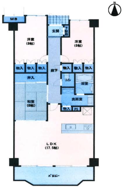 レックスパーク猪名川　南向き陽当り良好な広々89㎡の3LDK 間取り図画像