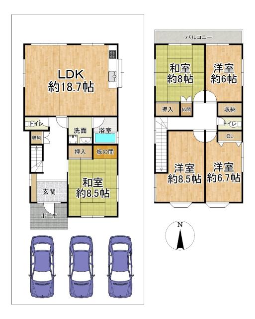 旭丘2丁目中古戸建　全居室6帖以上の広々5LDK 間取り図画像