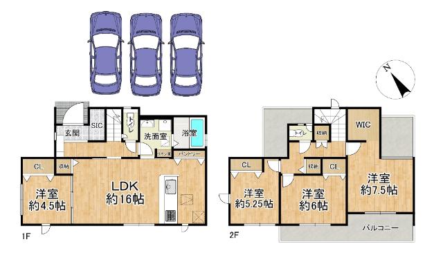 川西市清和台西1丁目　新築戸建　駐車並列3台可能！(車種による) 間取り図画像