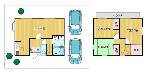 伏見台5丁目　ミサワホーム施工の中古戸建　車庫2台付き3LDK 間取り図画像
