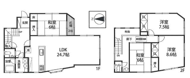 旭丘2丁目　中古戸建　広々LDK24.7帖×駐車場2台可！陽当り良好 間取り図画像