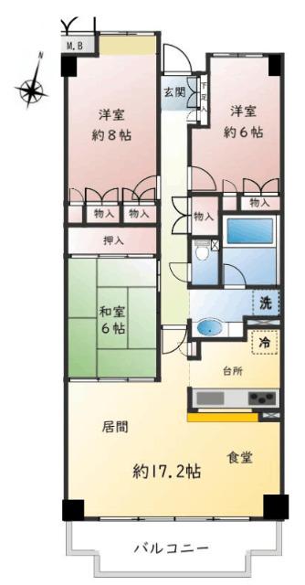 レックスパーク猪名川　南向き陽当り良好な広々89㎡の3LDK 間取り図画像