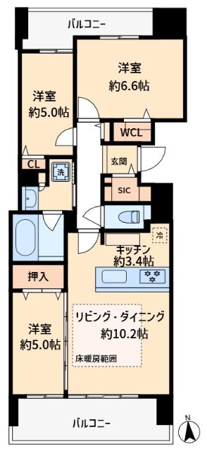 南向き3LDK、69.63㎡