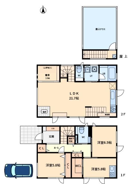 木造二階建て、屋上はテラスになります！