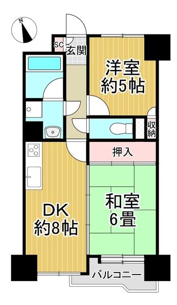 和室・洋室が1部屋ずつの2DK。