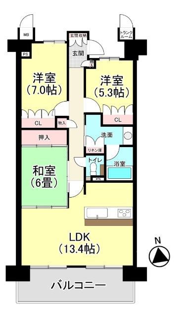 南向きバルコニーの3LDKです