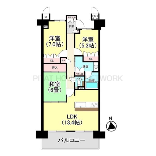 南向きバルコニーの3LDKです