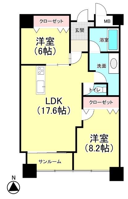 南向きサンルーム付きの2LDK