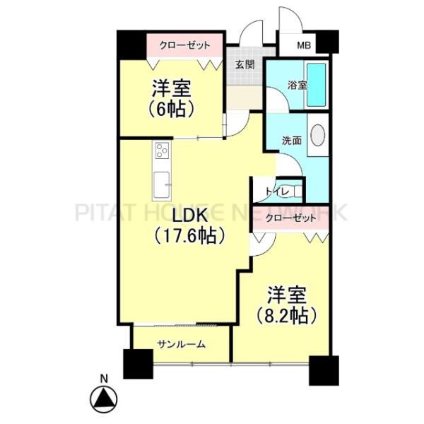 南向きサンルーム付きの2LDK