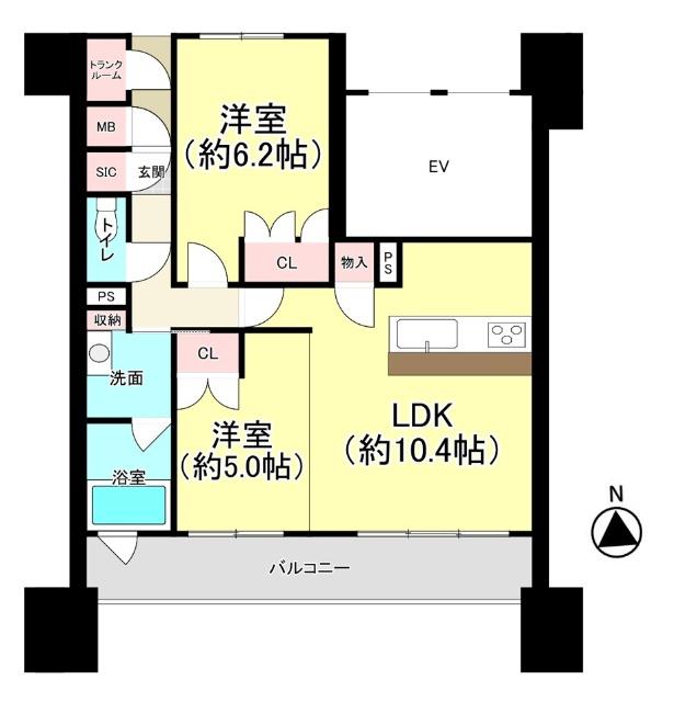 南向きバルコニー付きの2LDK