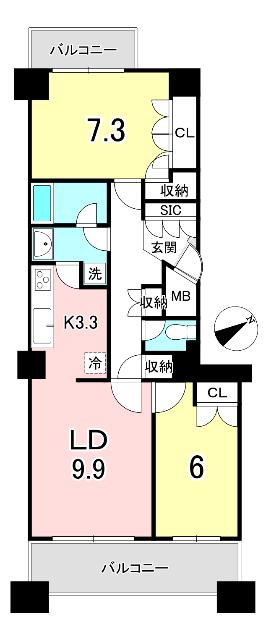２ＬＤＫの間取りとなります♪お部屋の中心に水回り、キッチンが配置されているためそれぞれバルコニー動線がスムーズです♪