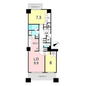 ２ＬＤＫの間取りとなります♪お部屋の中心に水回り、キッチンが配置されているためそれぞれバルコニー動線がスムーズです♪