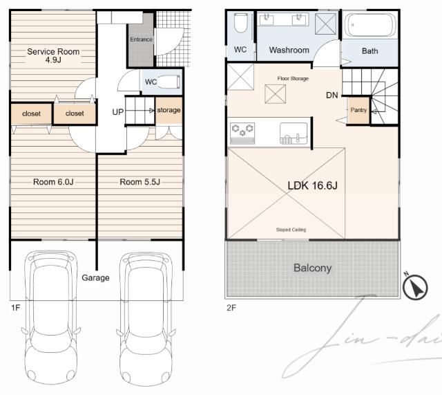 2号棟は2LDK＋Sのゆとりある間取り。LDKは広々16.6帖、パントリー付きで収納充実。洗面はツインボウル仕様で朝の身支度も快適。車2台駐車可、東南角地の明るさも魅力です。