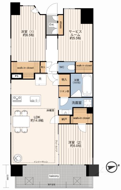 南東角住戸につき陽当たり・通風良好な2SLDKプランです。