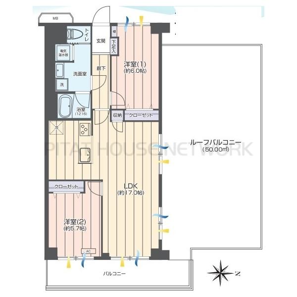 4,680万円　2LDK　建物面積64.40㎡（ルーフバルコニー面積50㎡）