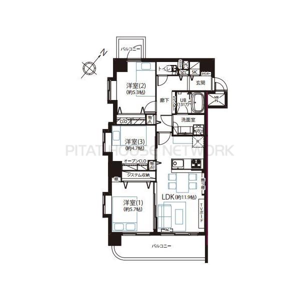 3LDK　12,800万円　専有面積65.55㎡