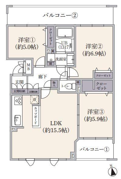 3LDK　5,998万円　専有面積73.77㎡