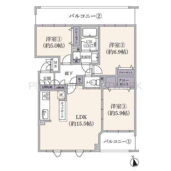 3LDK　5,998万円　専有面積73.77㎡