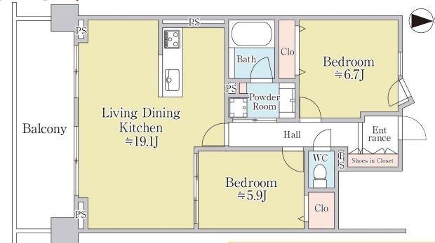 2LDK　7,080万円　専有面積68.49㎡