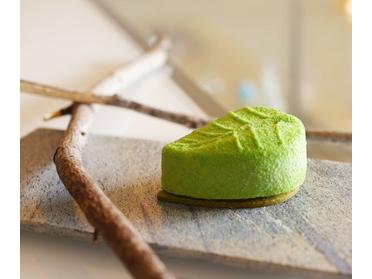 クロモジの木と、抹茶とユズをかけ合わせたケーキ